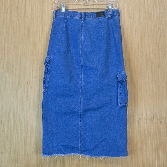 Scoop Midi Skirt Womens‎ 4 Blue Denim Cargo Slit Frayed Streetwear Y2K Skater - Picture 3 of 8